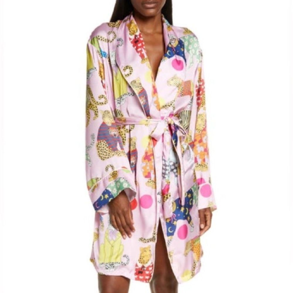 Printed Pink Satin Wrap Robe with Tie Belt